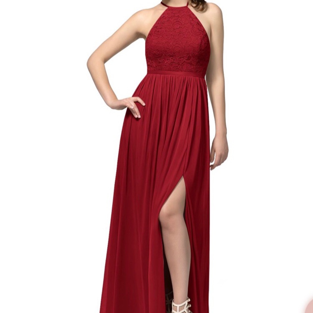Asazie Burgundy Lace Halter Bridesmaid Dress